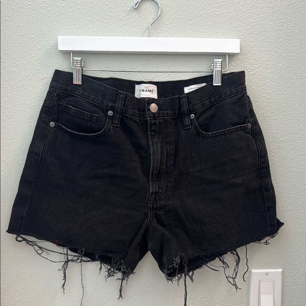Frame Denim Black Jean Shorts with High-Waisted Design and Frayed Hem